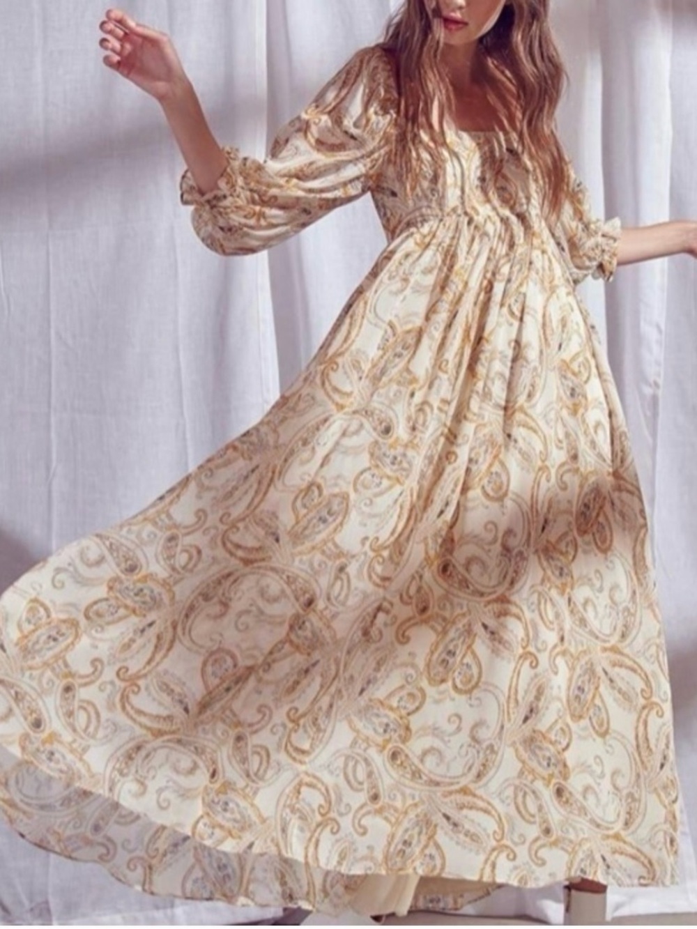 12th Tribe Cream Paisley Boho Maxi Dress with Gold Accents Women’s Size Medium